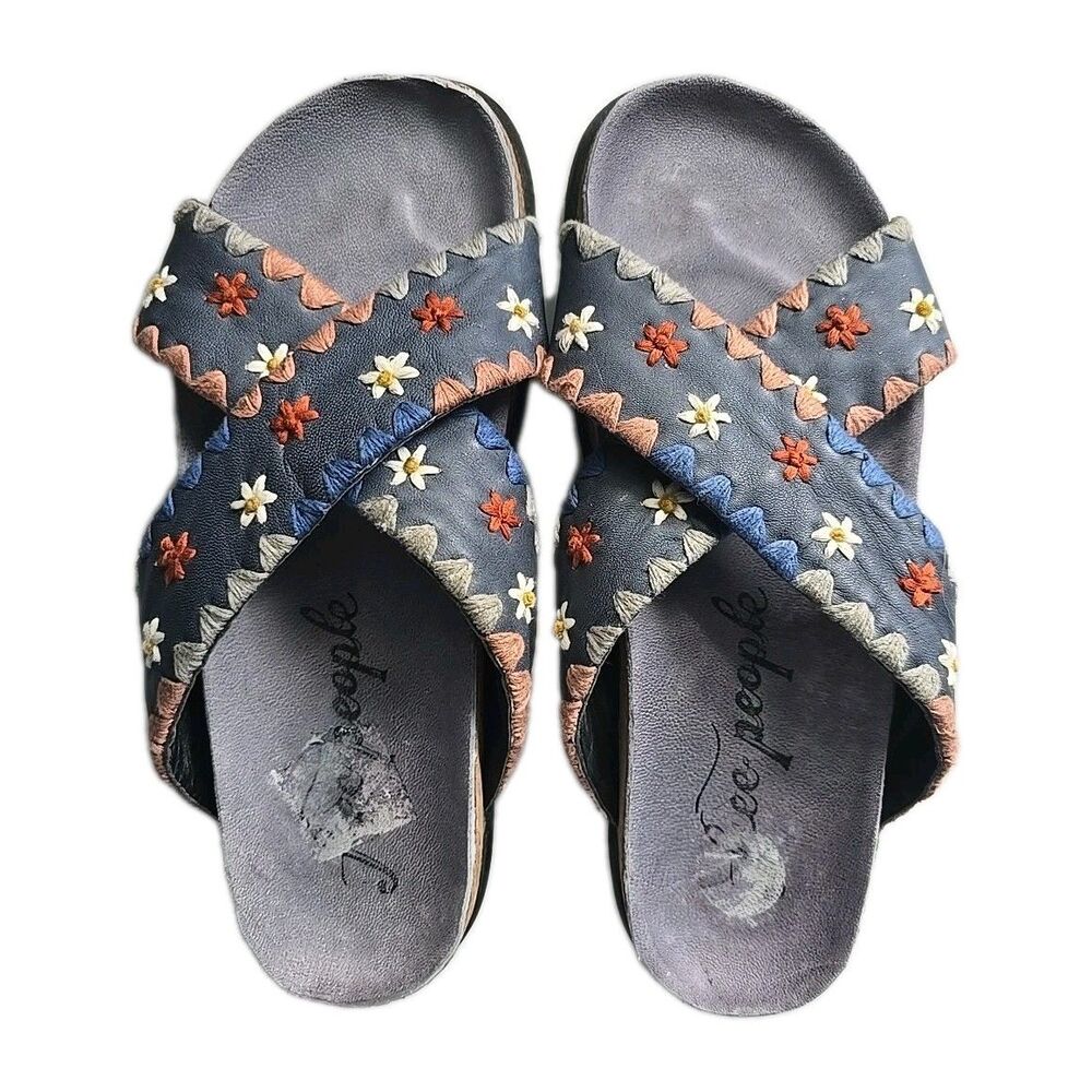 Free People Wildflowers Crossband Sandals Embroidered Floral Leather Slide 38.5